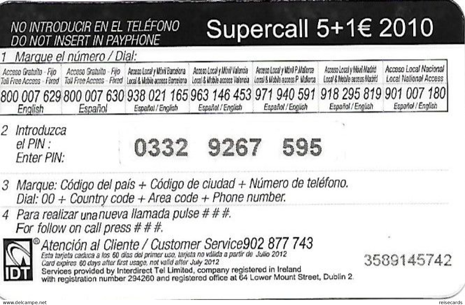 Spain: Prepaid IDT - SuperCall 07.12 - Autres & Non Classés