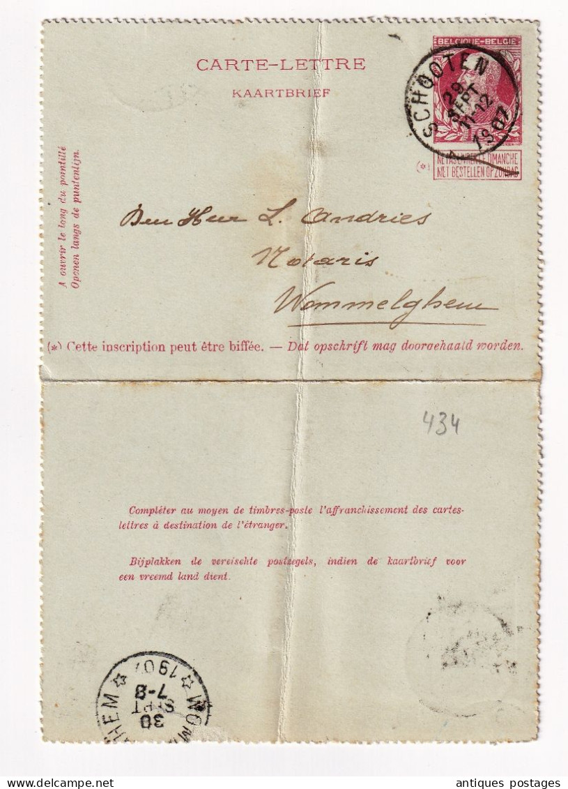 Kaartbrief Léopold II Belgique 1907 Schoten Entier Postal Schooten Wommelghem Wommelgem - Cartes-lettres