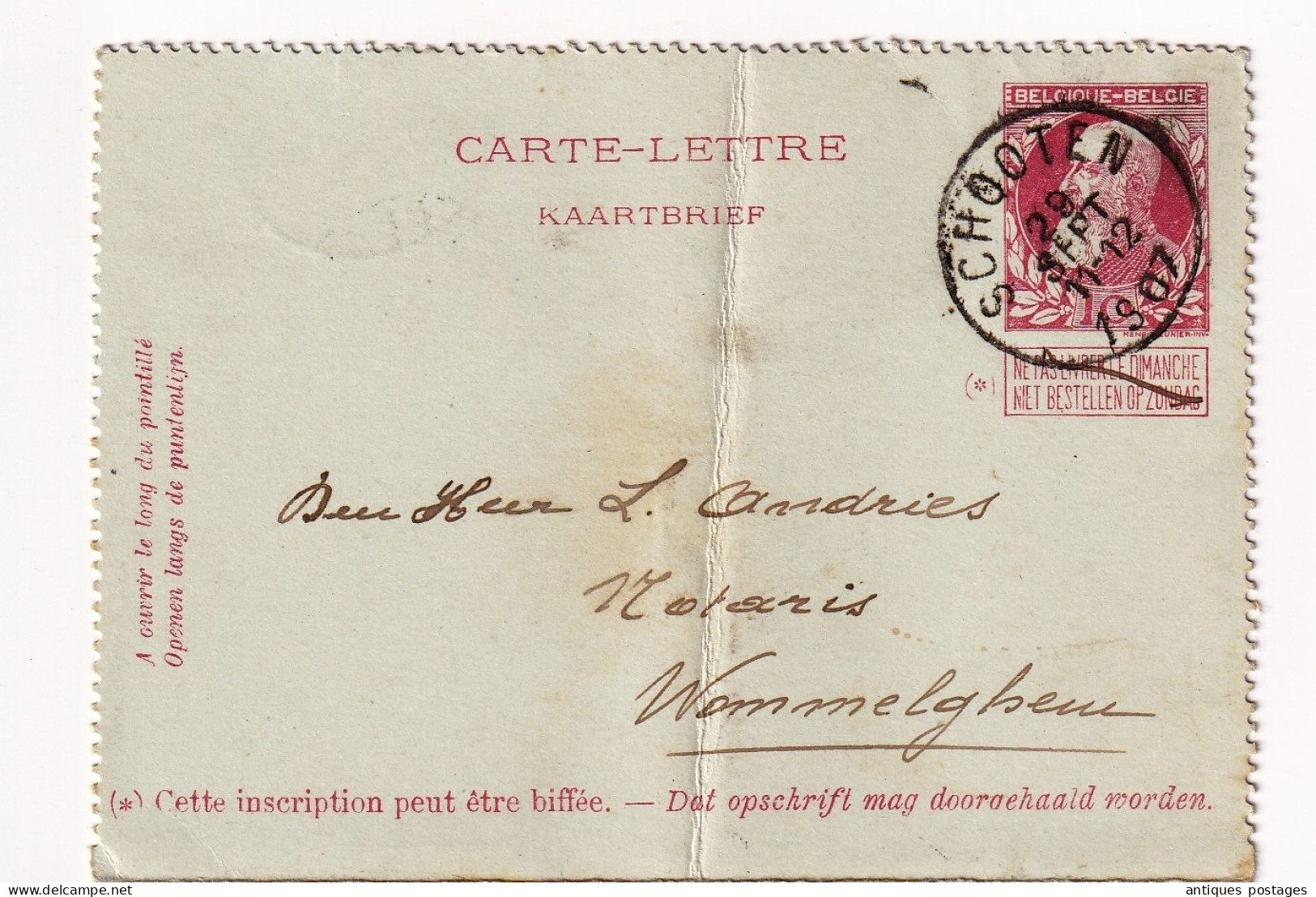 Kaartbrief Léopold II Belgique 1907 Schoten Entier Postal Schooten Wommelghem Wommelgem - Cartes-lettres