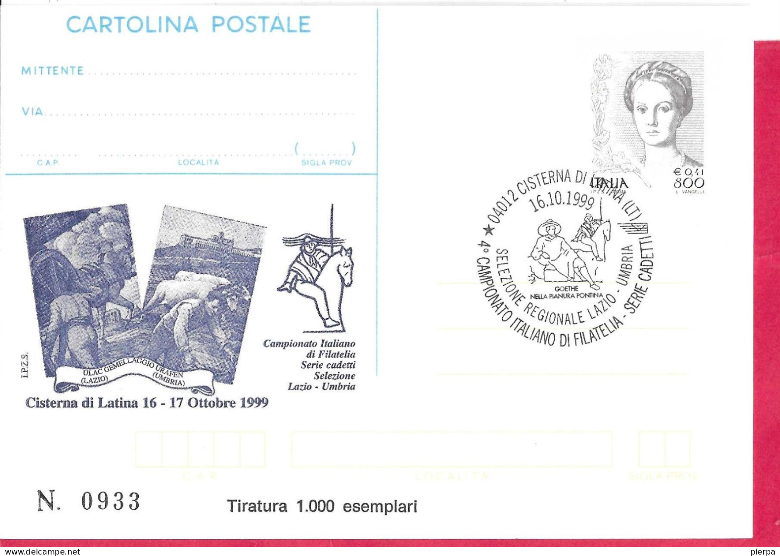 REPIQUAGE - CAMPIONATO ITALIANO DI FILATELIA - CISTERNA DI LATINA - SU INTERO CARTOLINA POSTALE DONNE L.800/€0,41 - Entiers Postaux