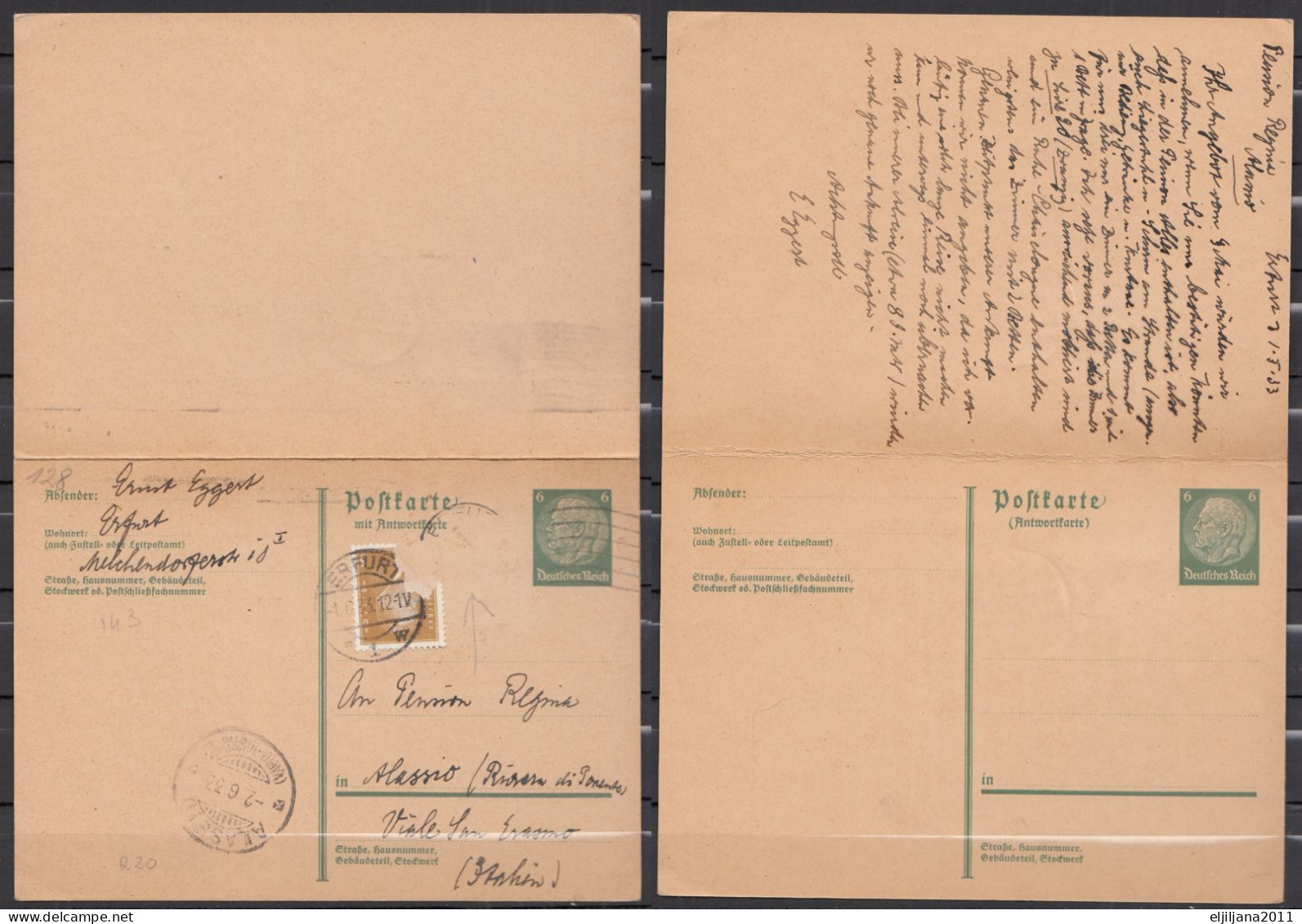 ⁕ Germany, Deutsches Reich 1933 ⁕ Stationery Postcard Reply Card / Antwortkarte ERFURT - Alassio ⁕ See Scan - Postcards