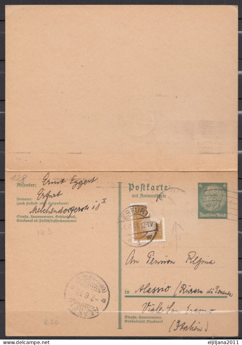 ⁕ Germany, Deutsches Reich 1933 ⁕ Stationery Postcard Reply Card / Antwortkarte ERFURT - Alassio ⁕ See Scan - Postcards