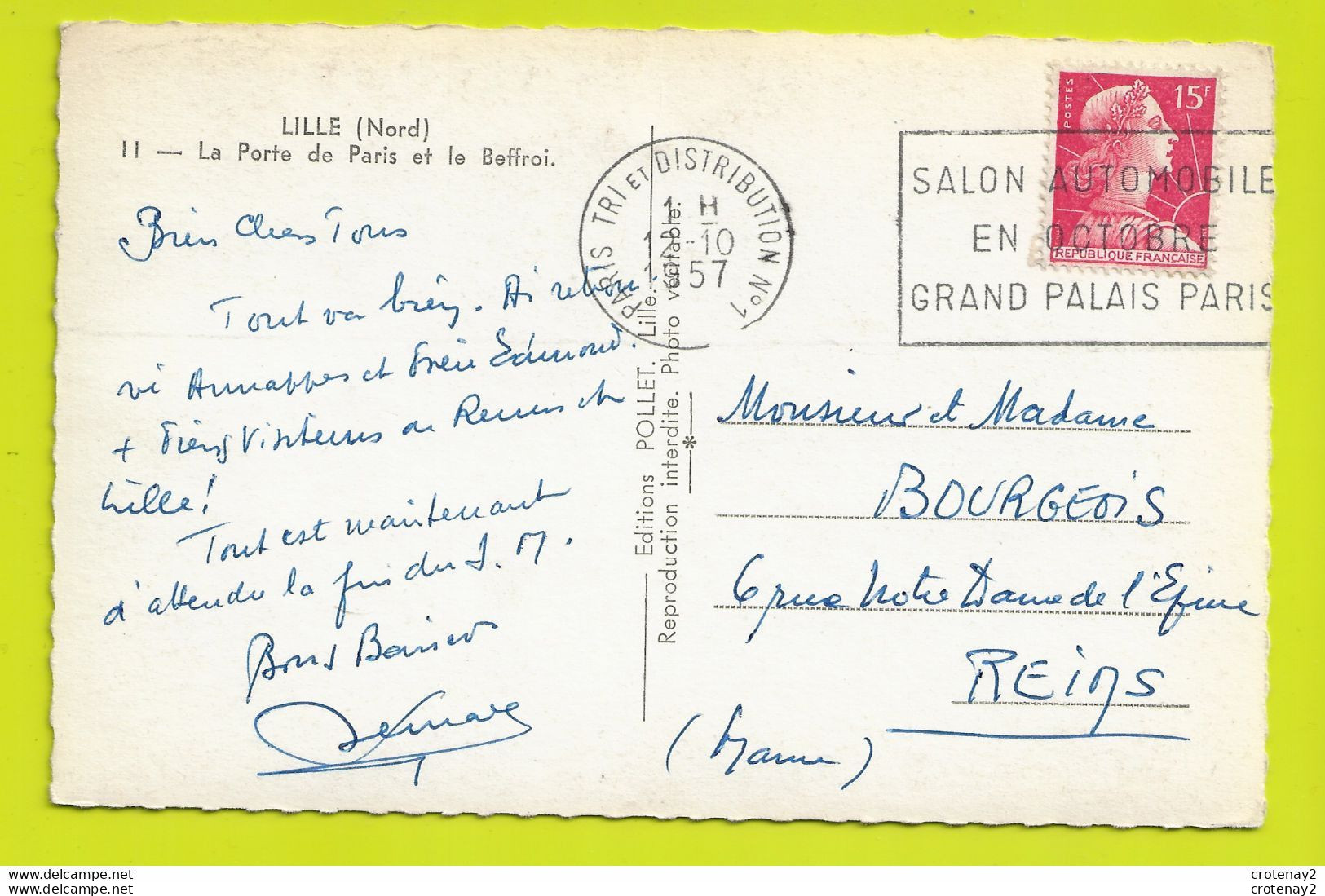 59 LILLE N°11 La Porte De Paris Et Le Beffroi Voie Du Tramway Tram VOIR DOS En 1957 - Lille