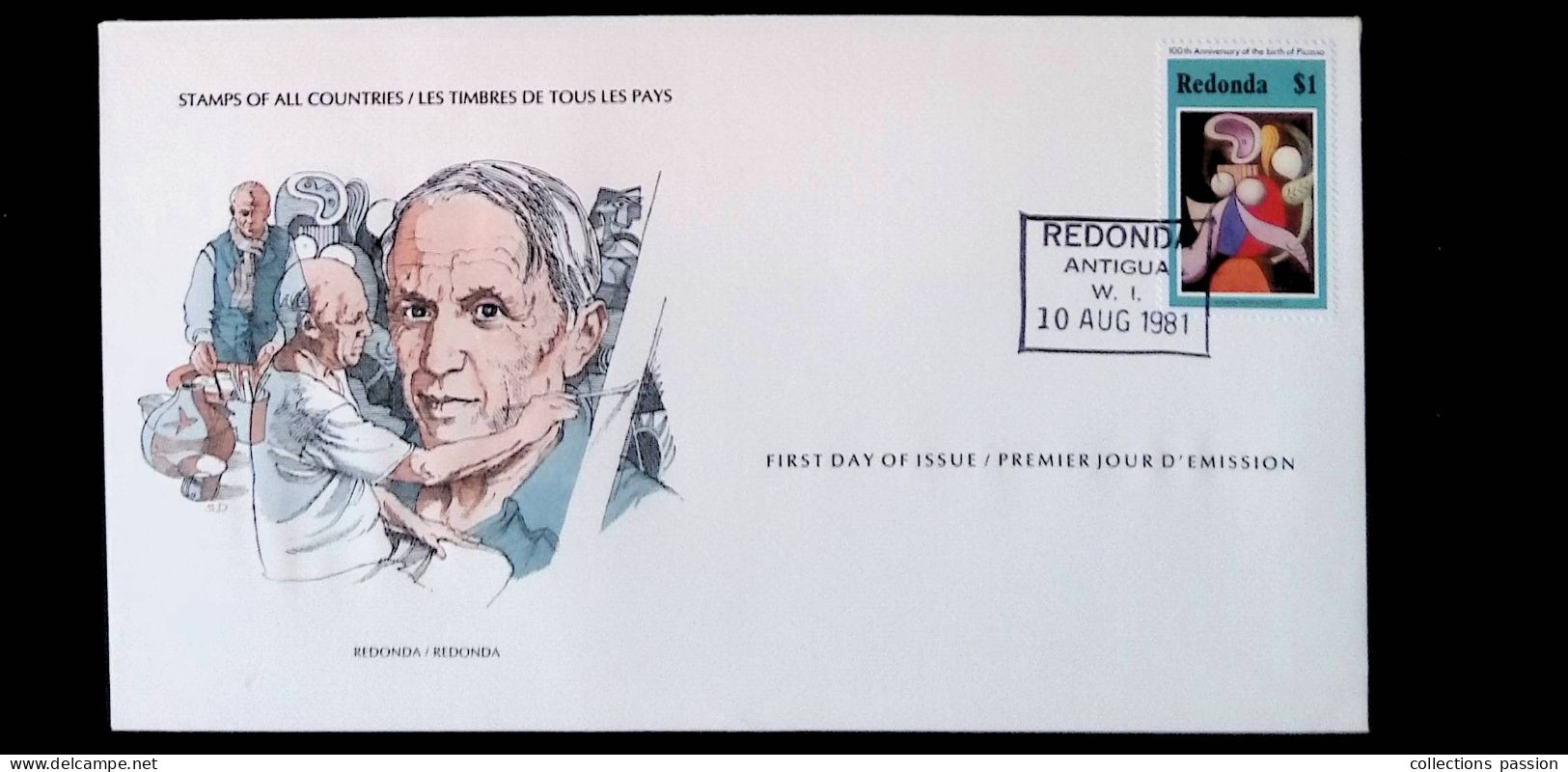 CL, FDC, Premier Jour, Antigua Et Barbuda W.I., Redonda, 10 Aug 1981, 100 Th An. Of The Birth Of Picasso, Frais Fr 1.85e - Antigua And Barbuda (1981-...)