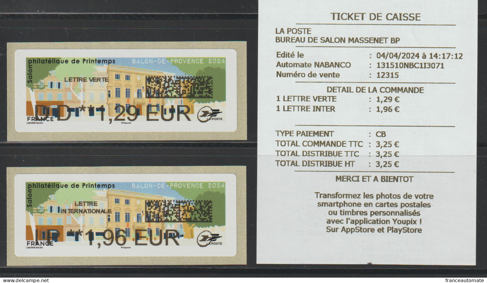 2 Atms, NABANCO, LETTRE VERTE DD 1.29 Et INTER. IP 1.96€. Hôtel De Ville, Salon De Provence, 4 04 24, Salon De Printemps - 2010-... Illustrated Franking Labels