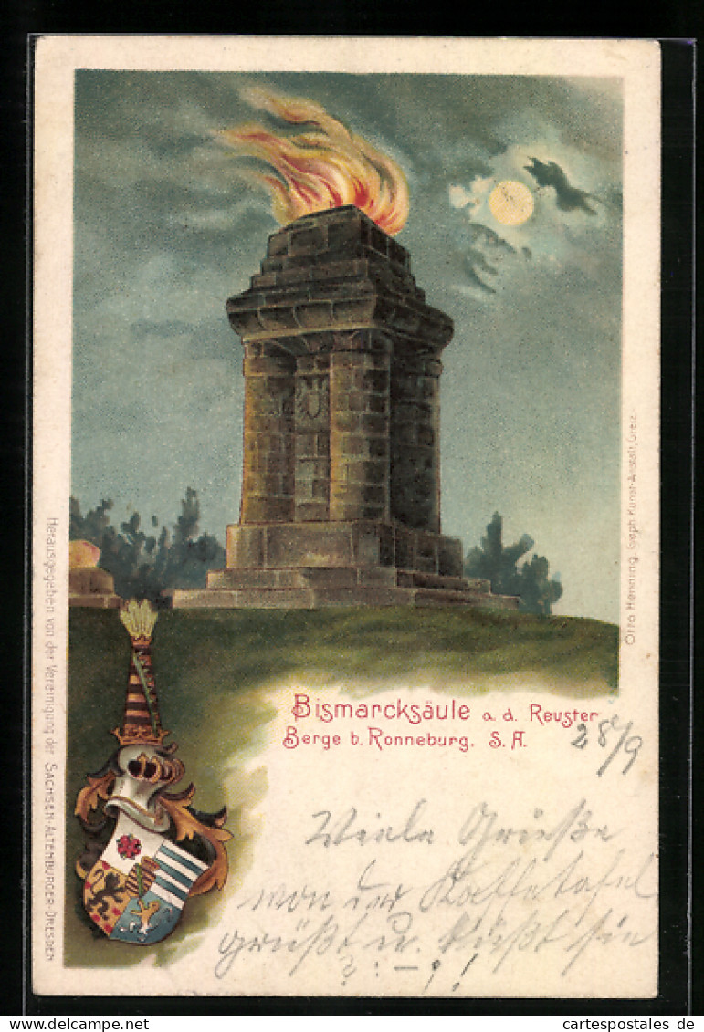 Lithographie Ronneburg / S. A., Bismarcksäule A. D. Reuster  - Ronneburg