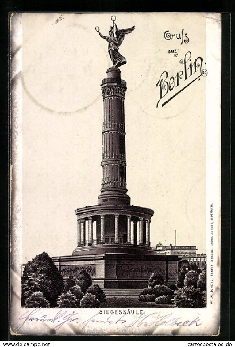 Lithographie Berlin-Tiergarten, Darstellung Der Siegessäule  - Dierentuin