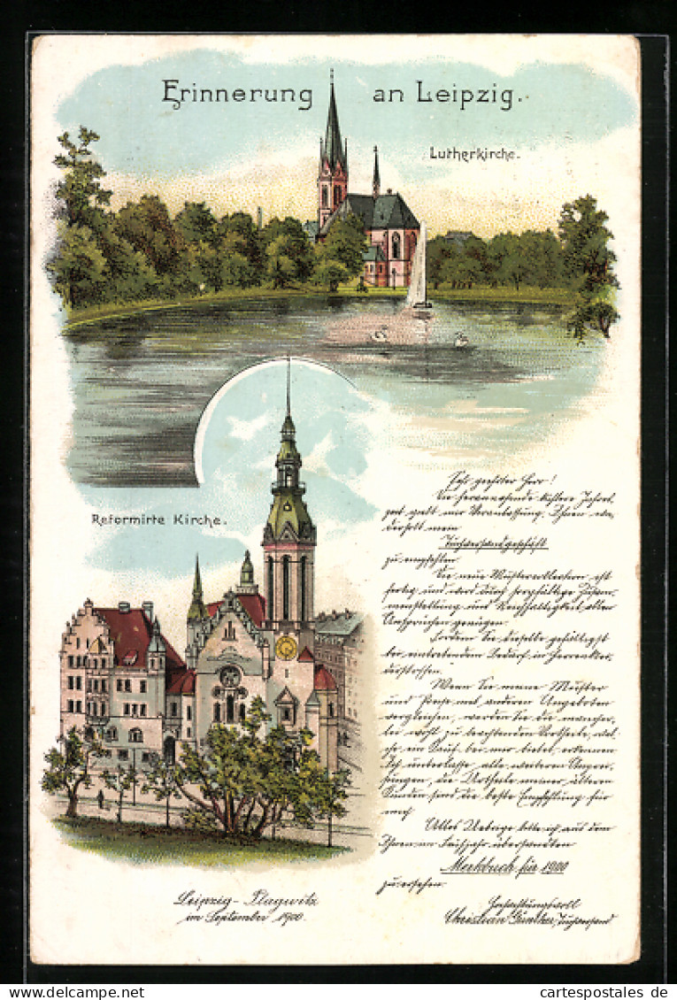 Lithographie Leipzig-Plagwitz, Luther-Kirche, Reformierte Kirche  - Leipzig