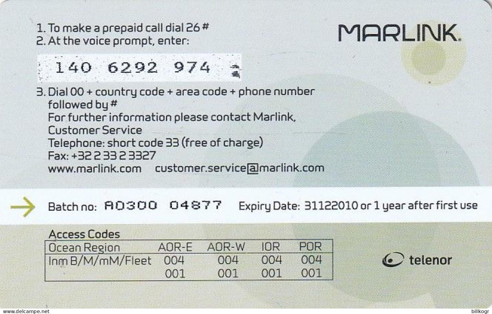 NORWAY - Marlink/Telenor Satellite Prepaid Calling Card 300 Units, Exp.date 31/12/10, Used - Norvège