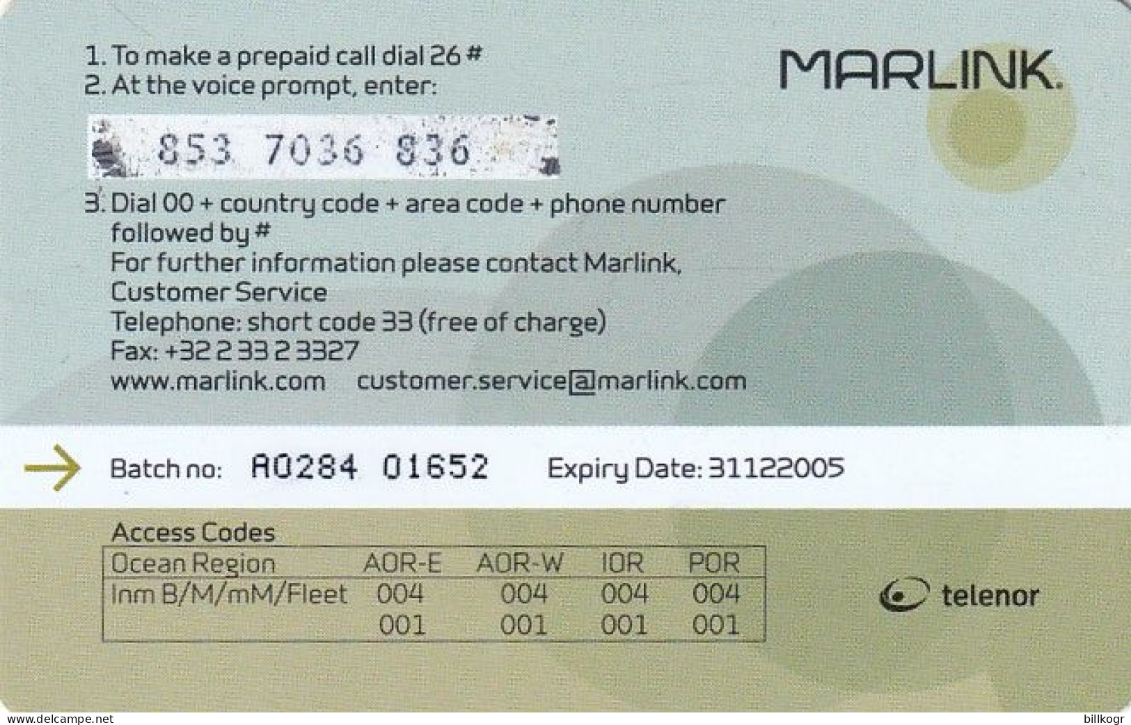 NORWAY - Marlink/Telenor Satellite Prepaid Calling Card 300 Units, Exp.date 31/12/05, Used - Norvège
