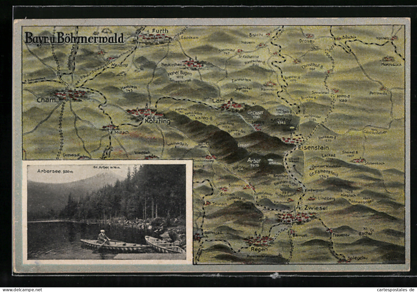 AK Cham I. B., Landkarte Bayern & Böhmerwald, Arbersee  - Cham