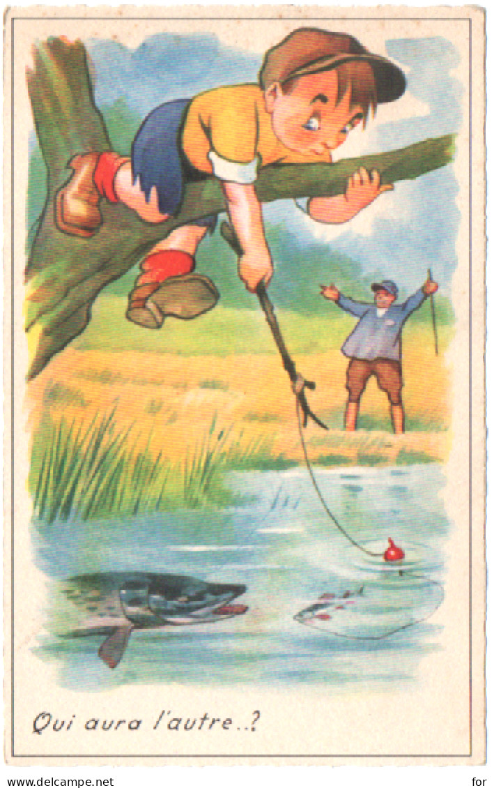 Humour : La Pêche : " Qui Aura L'autre...? " : Enfant Sur Une Branche : édit. M. D. Paris N° 120 - Humour