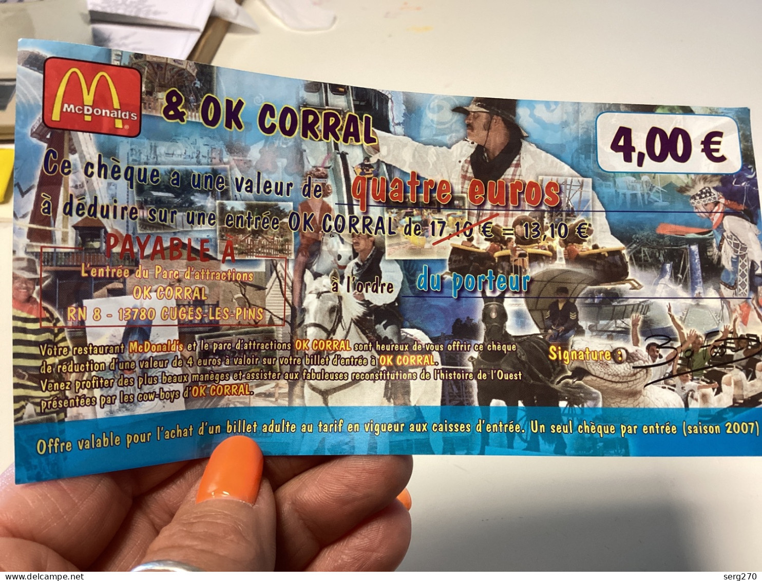Billet    OK Corral Cuges Les Pins, McDonald Publicité Parc D’attractions à Terme Western Réduction De Quatre Euros - Advertising