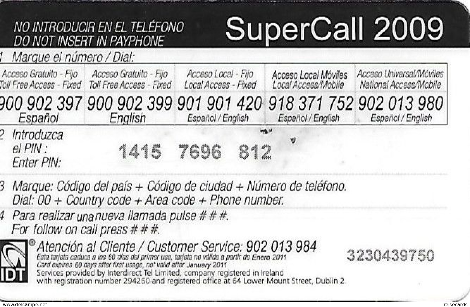 Spain: Prepaid IDT - SuperCall 2009 - Autres & Non Classés