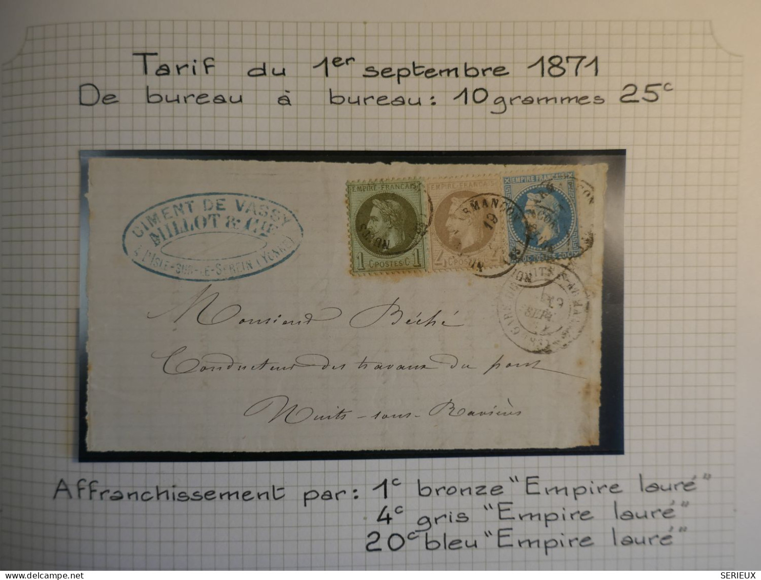 DO17 FRANCE  TRICOLORE LETTRE  DEVANT  1871  PETIT BUREAU  ISLE ARMANCON A NUITS+NAPOLEON LAURé+AFF. INTERESSANT ++ - 1849-1876: Période Classique