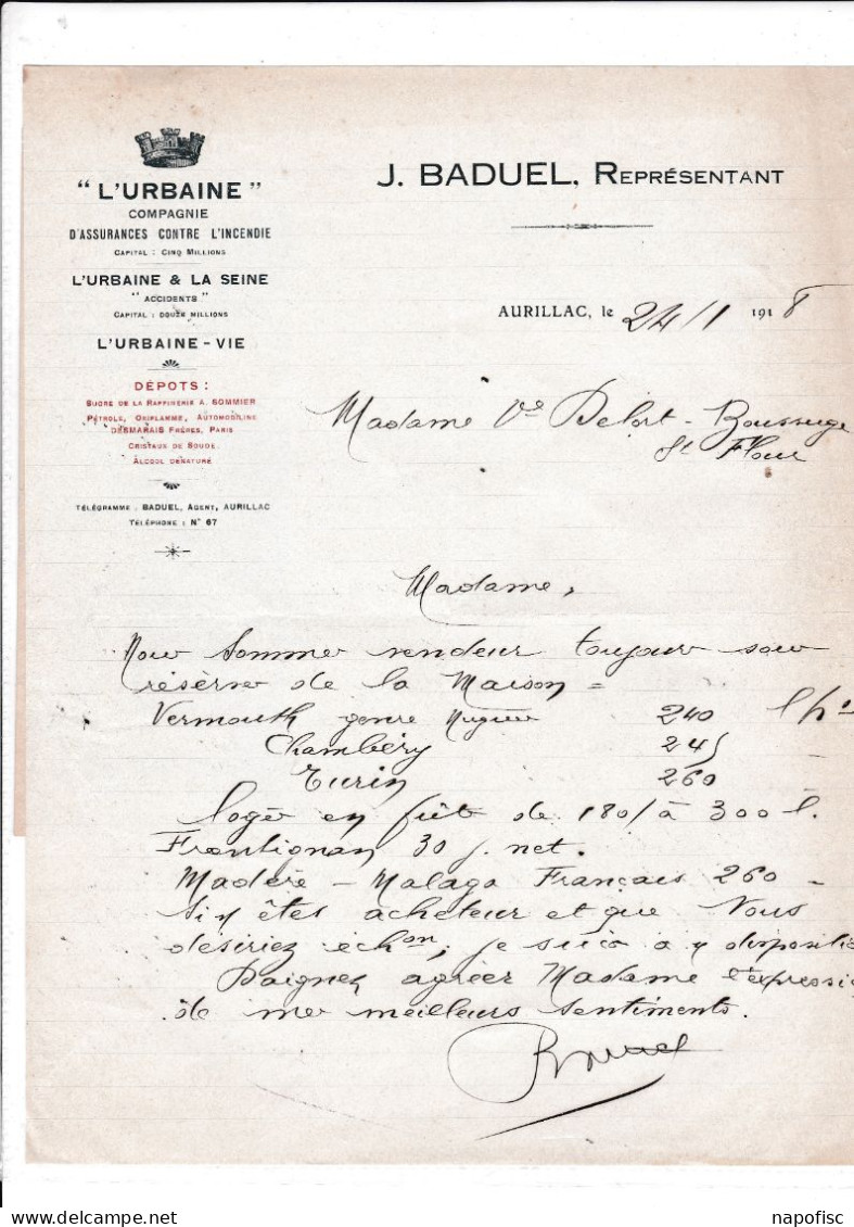 15-J.Baduel ..Représentant..l'Urbaine Compagnie D'Assurances Contre L'Incendie....Aurillac...(Cantal)...1918 - Banco & Caja De Ahorros