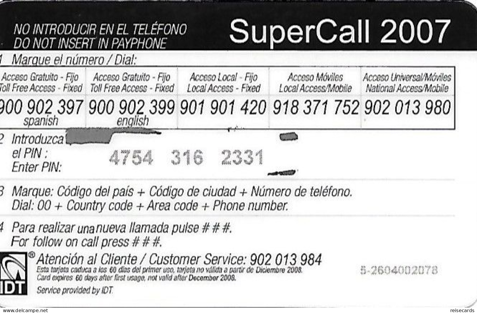 Spain: Prepaid IDT - SuperCall 2007 - Autres & Non Classés