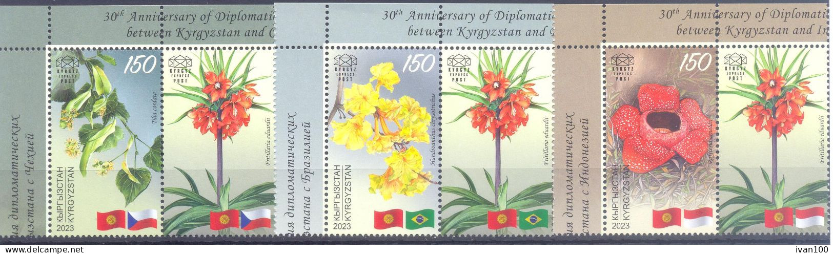 2024.Kyrgyzstan, 30y Of Diplomatic Relations With Brazil, Indonesia, Czechis,  3v With Labels,  Mint/** - Kirgisistan
