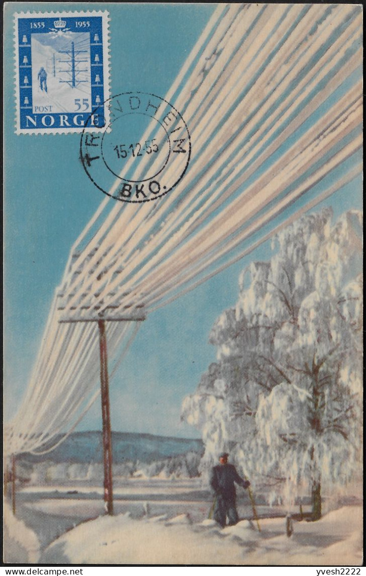 Norvège 1954 / 1955 Y&T 354 Sur Carte Maximum. Inspection à Skis Des Lignes Télégraphiques - Skiing