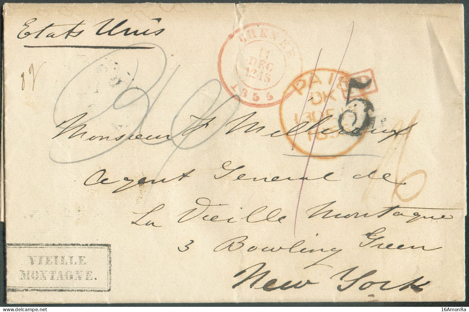 Lettre De CHENEE Le 11 Décembre 1855 Vers New York Par Paquebot Via (verso) Sc BOSTON AM.PKT 29 DEC. + Sc Rouge PAID, Gr - Otros & Sin Clasificación