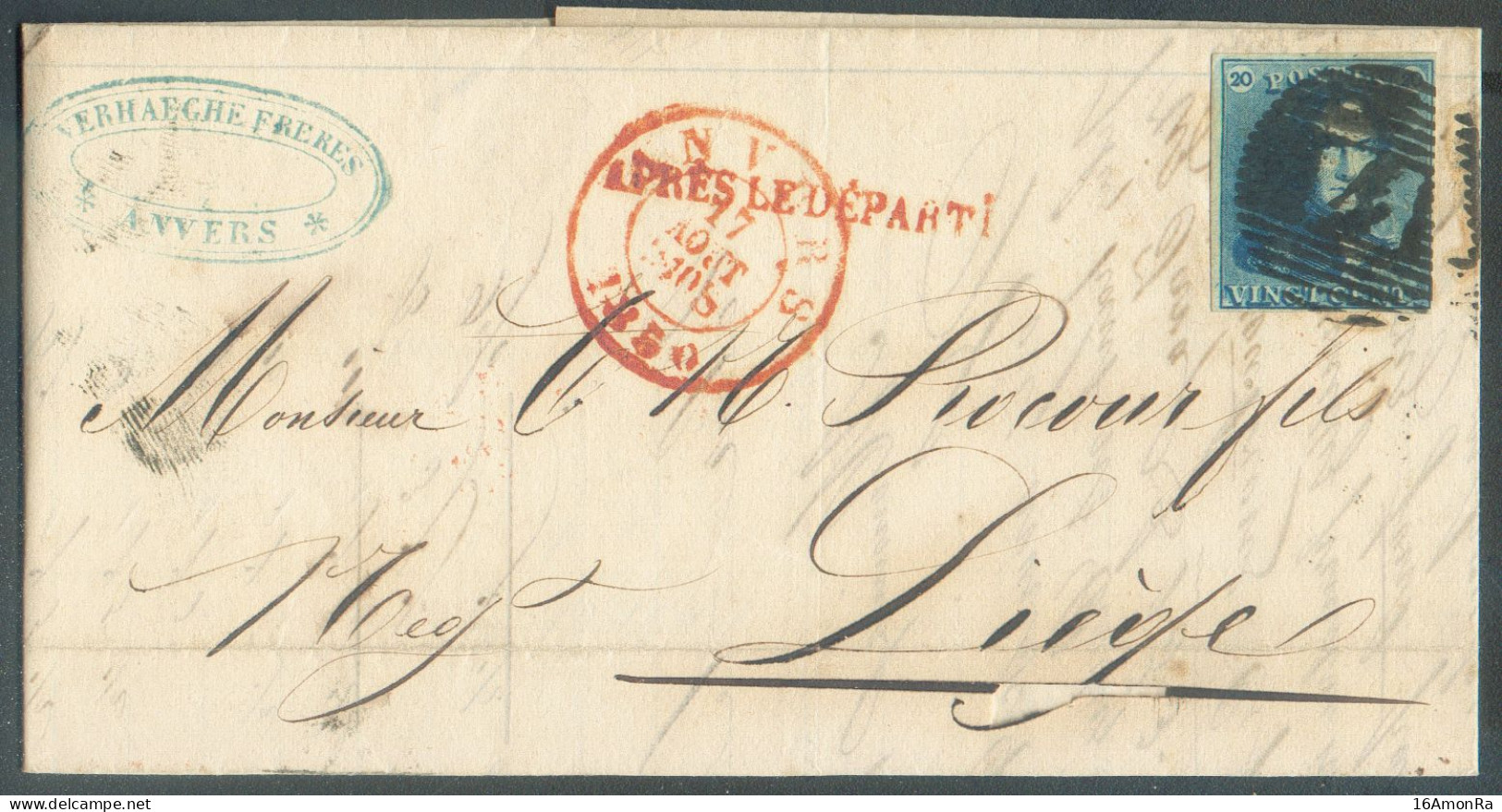 N°2 - Epaulette 20 Centimes Bleue, Margée, Obl. P.4 Sur Lettre D'ANVERS Le 17 Août 1850 + Griffe Rouge APRES LE DEPART V - 1849 Schulterklappen