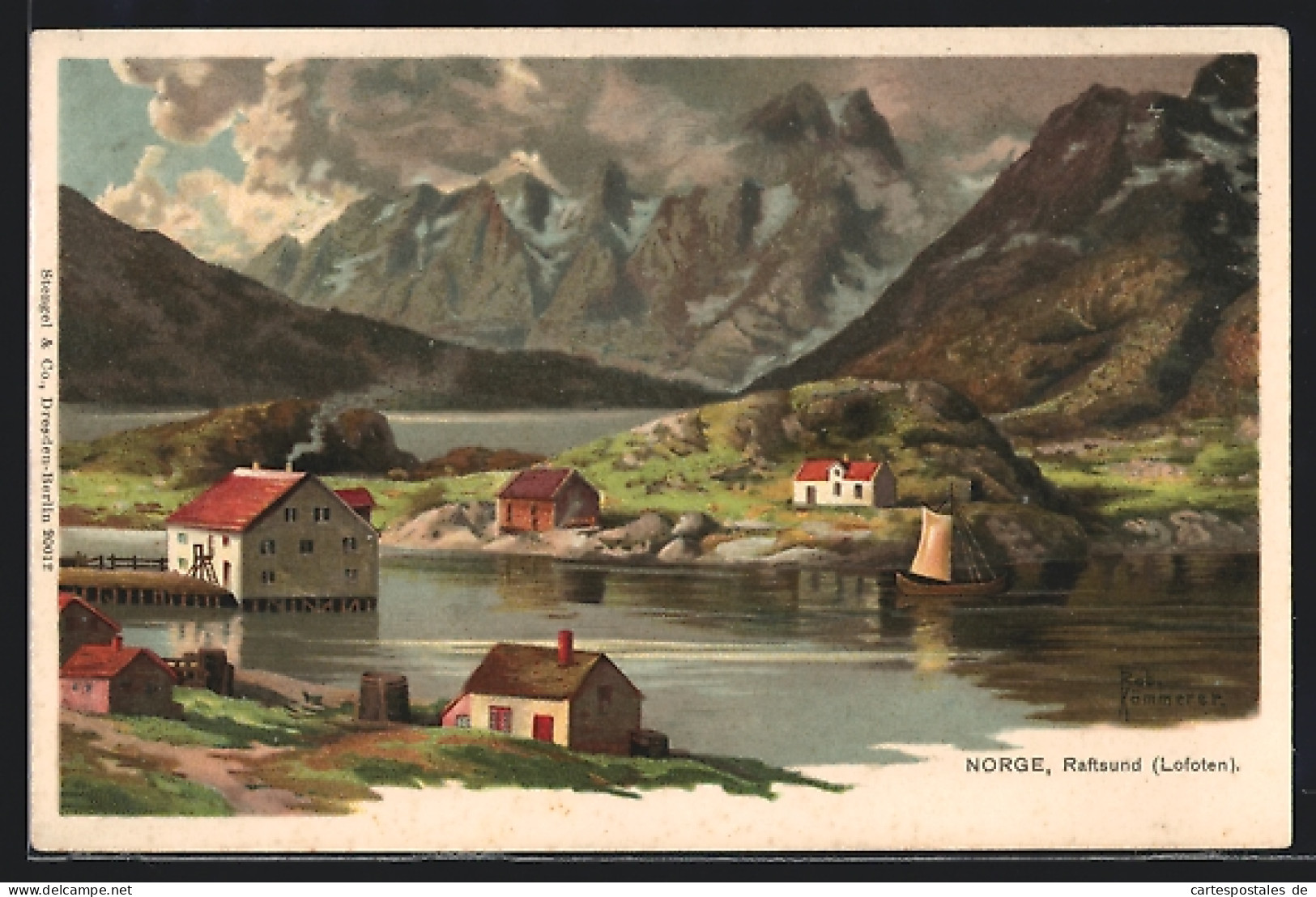 Lithographie Raftsund /Lofoten, Ortspartie Am Wasser  - Norvège