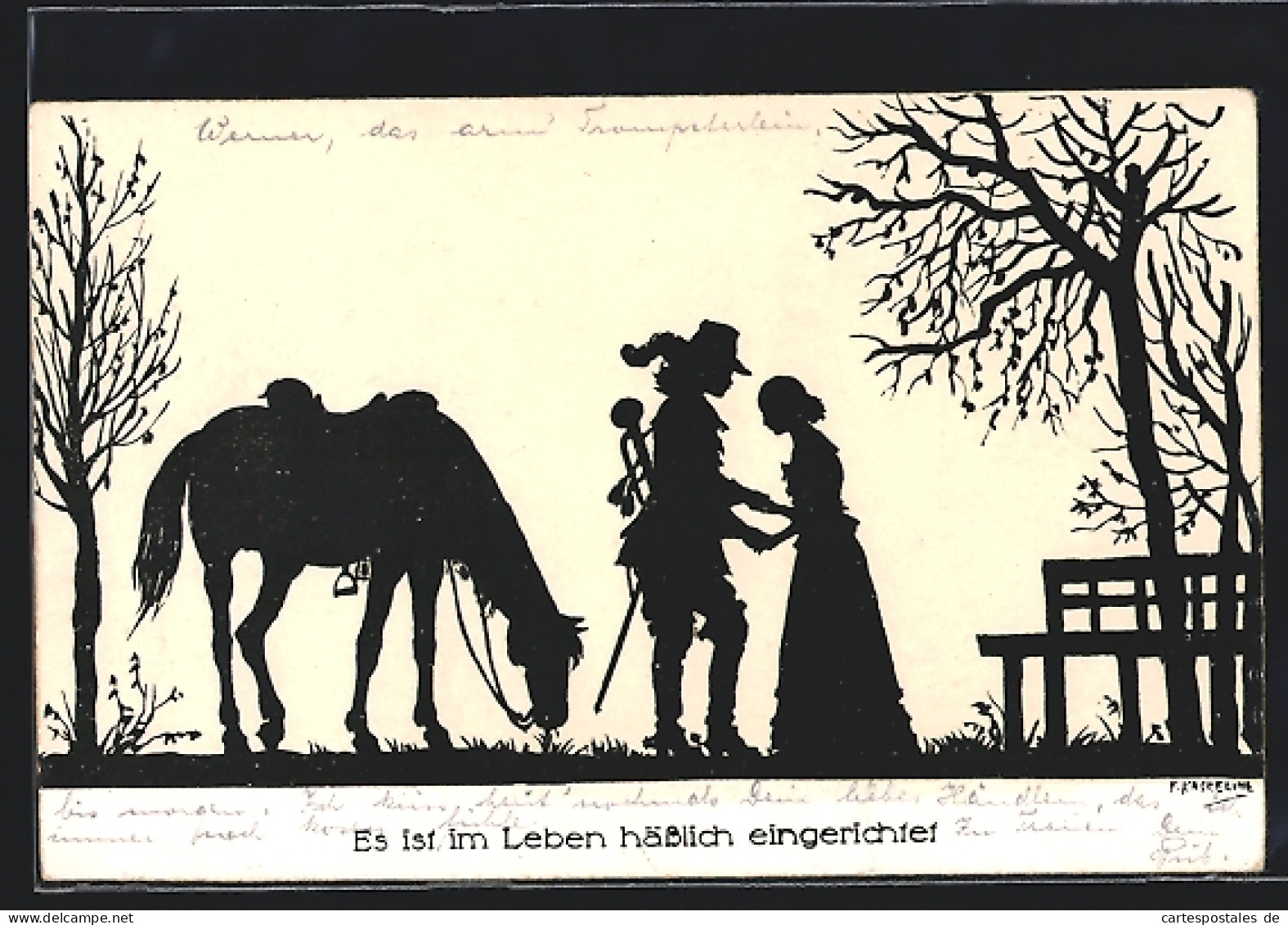 Künstler-AK Friedrich Kaskeline: Schattenbild, Trompeter Mit Pferde Und Frau  - Kaskeline