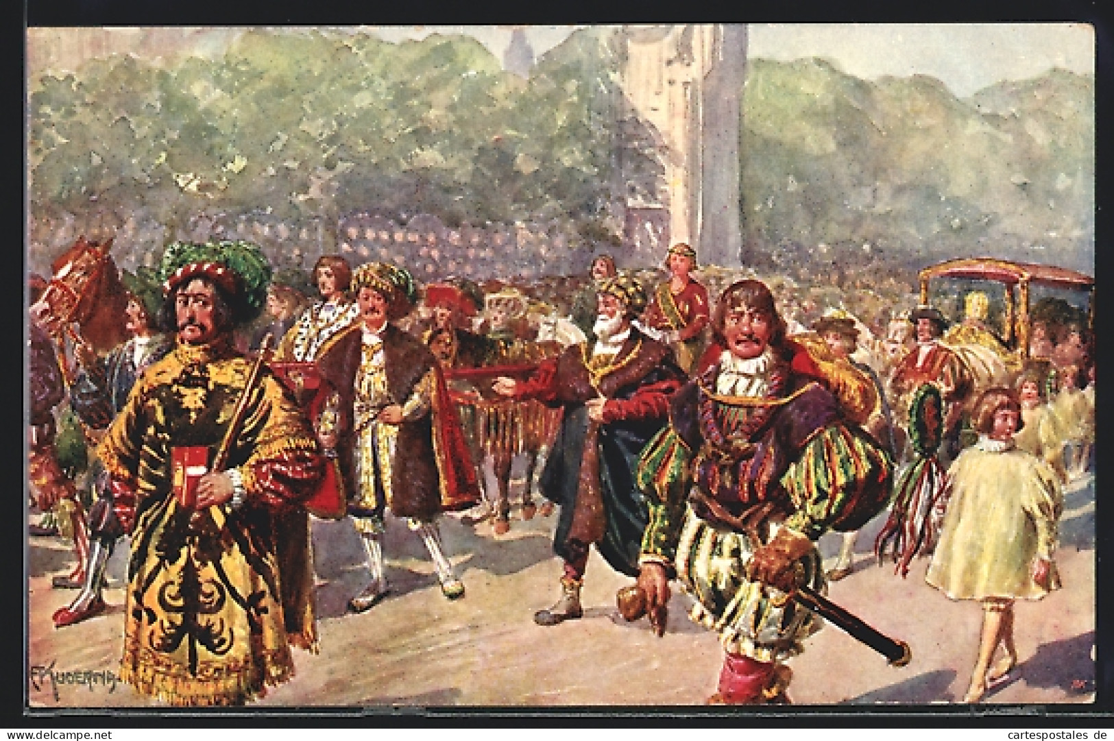 Künstler-AK Kaiser-Jubiläums-Huldigungsfestzug, Wien 1908, Gruppe V: Doppelhochzeit Der Enkel Kaiser Maximilians I.  - Royal Families