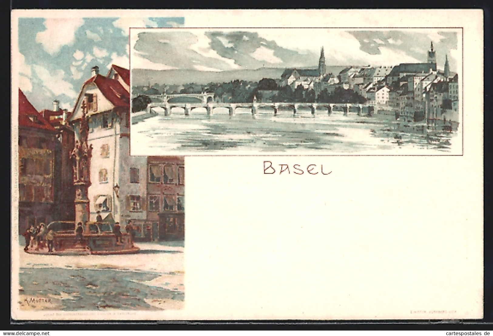 Künstler-AK Karl Mutter: Basel, Ortspartie Mit Brücke, Marktplatz Mit Brunnen  - Mutter, K.