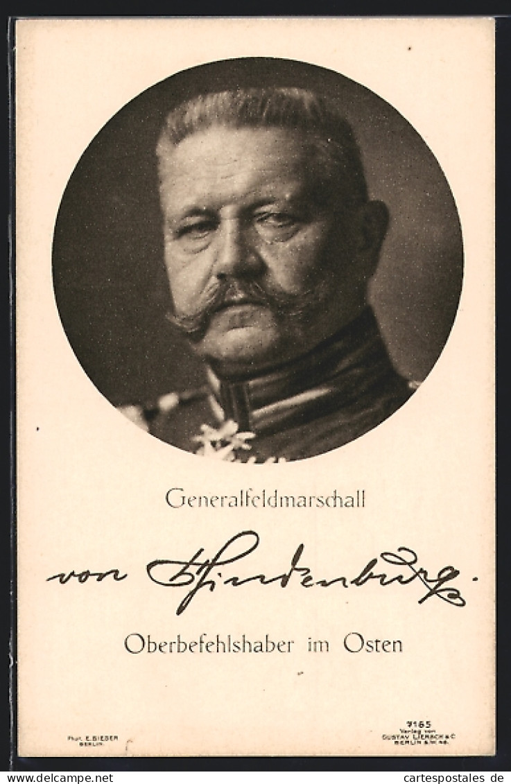 AK Portrait Generalfeldmarschall Paul Von Hindenburg In Uniform, Oberbefehlshaber Im Osten  - Historical Famous People