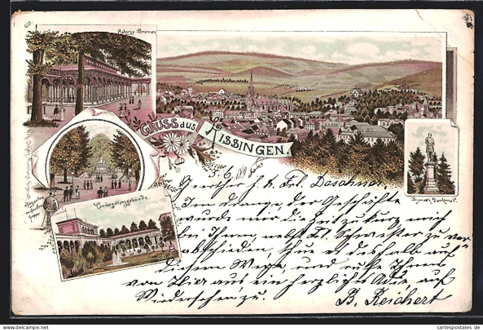 Lithographie Kissingen, Rakoczy-Brunnen, Kurgarten, Conversationgebäude, Bismarck-Denkmal  - Bad Kissingen