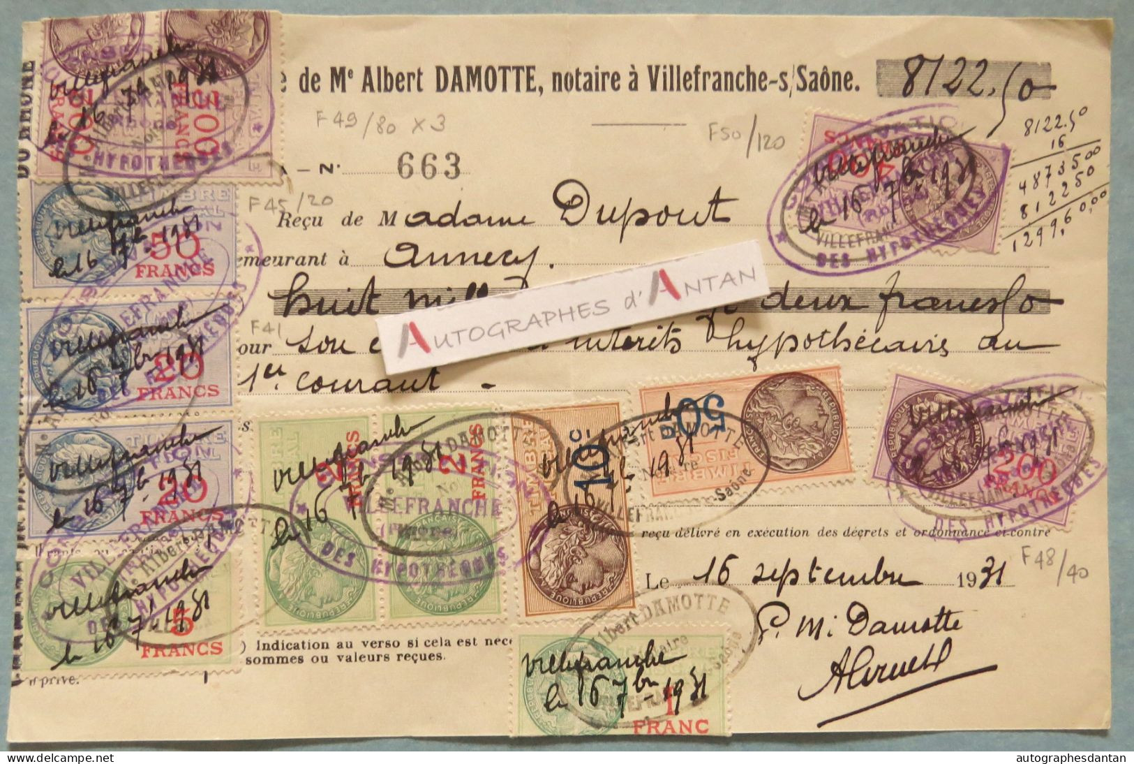 ● Fiscaux Sur Reçu 1931 Dont N° 48 49 Et 50 - Me Damotte Notaire à Villefranche Sur Saône - Annecy Mme Dupont Timbres - Cartas & Documentos