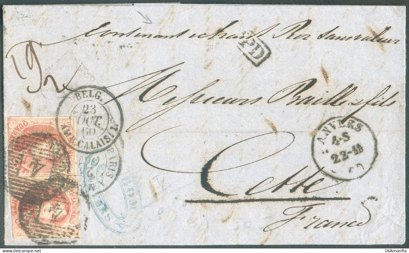 N°12A(2) - Médaillons 40 Centimes Vermillons (2ex. Avec 3 Marges), Obl. P.4 S/L. D'ANVERS Le 22-10-1860 + Manuscrit «Con - 1858-1862 Médaillons (9/12)