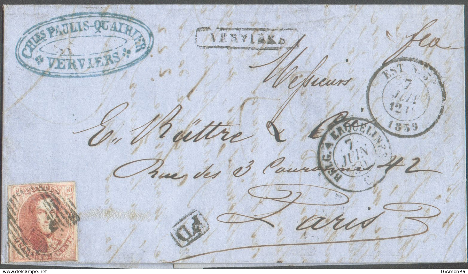 N°12A - Médaillon 40 Centimes Vermillon, Légèrement Touché Mais Avec Voisin, Obl. Ambulant E.III. Sur Lettre De VERVIERS - 1858-1862 Médaillons (9/12)