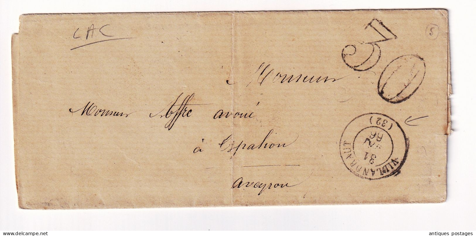 Lettre 1866 Villandraut Gironde Duprat Huissier Espalion Aveyron - 1849-1876: Klassieke Periode