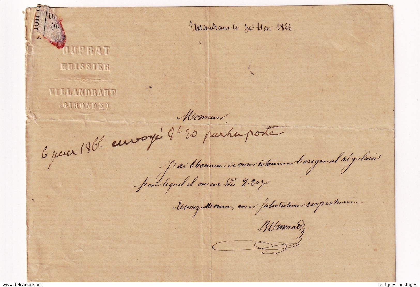 Lettre 1866 Villandraut Gironde Duprat Huissier Espalion Aveyron