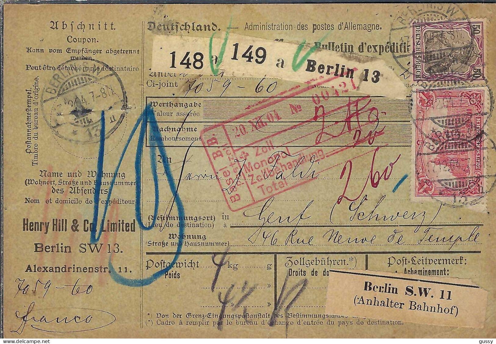 ALLEMAGNE Ca.1903: Bulletin D'Expédition CR De Berlin Pour Genève (Suisse) - Lettres & Documents