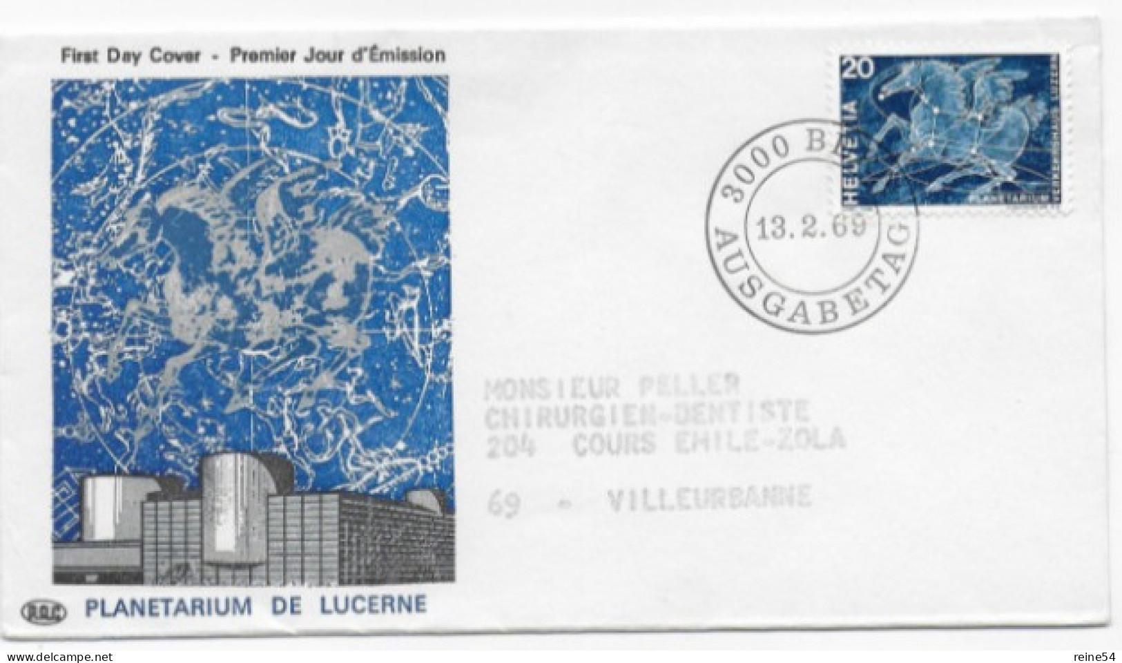 Enveloppe Premier Jour - Planetarium De Lucerne 13-02-1969  Bern Ausgabetag Timbre Helvetia (circulé) - Usati