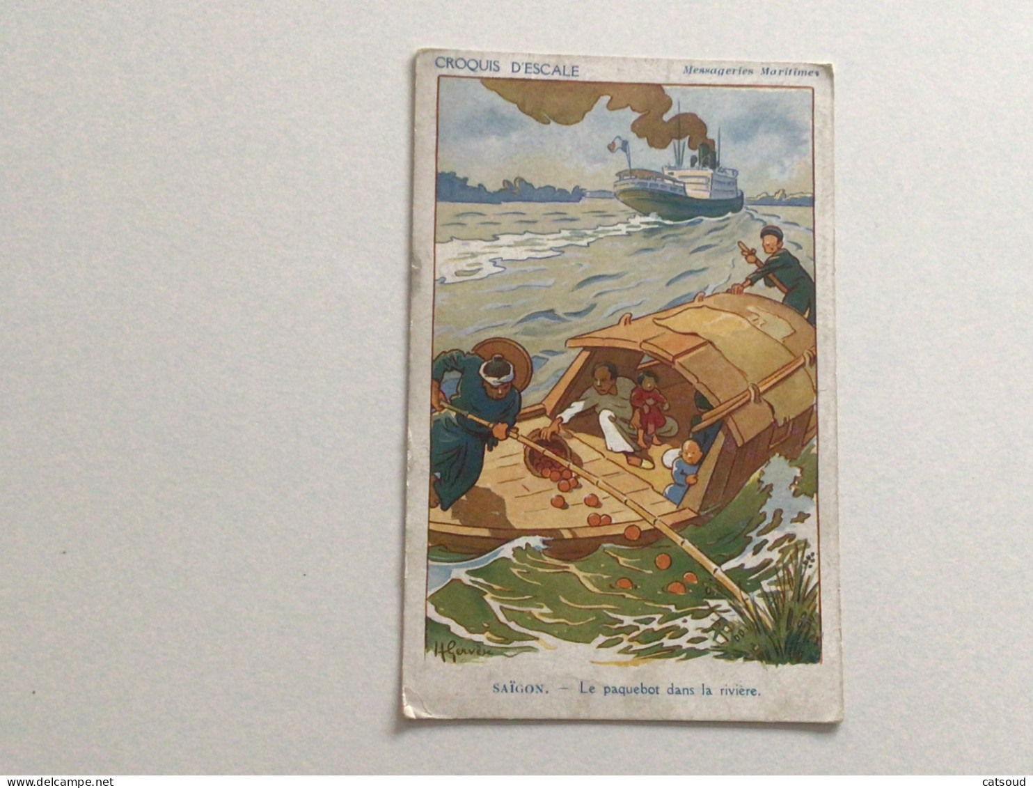 Carte Postale Ancienne Messageries Maritimes Croquis D’escale Saïgon Le Paquebot Dans La Rivière - Vietnam