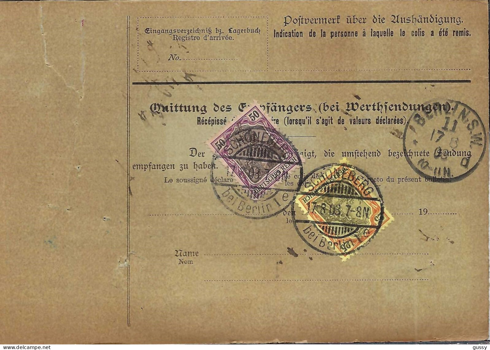 ALLEMAGNE Ca.1903: Bulletin D'Expédition CR De Schöneberg Bei Berlin Pour Genève (Suisse) - Briefe U. Dokumente