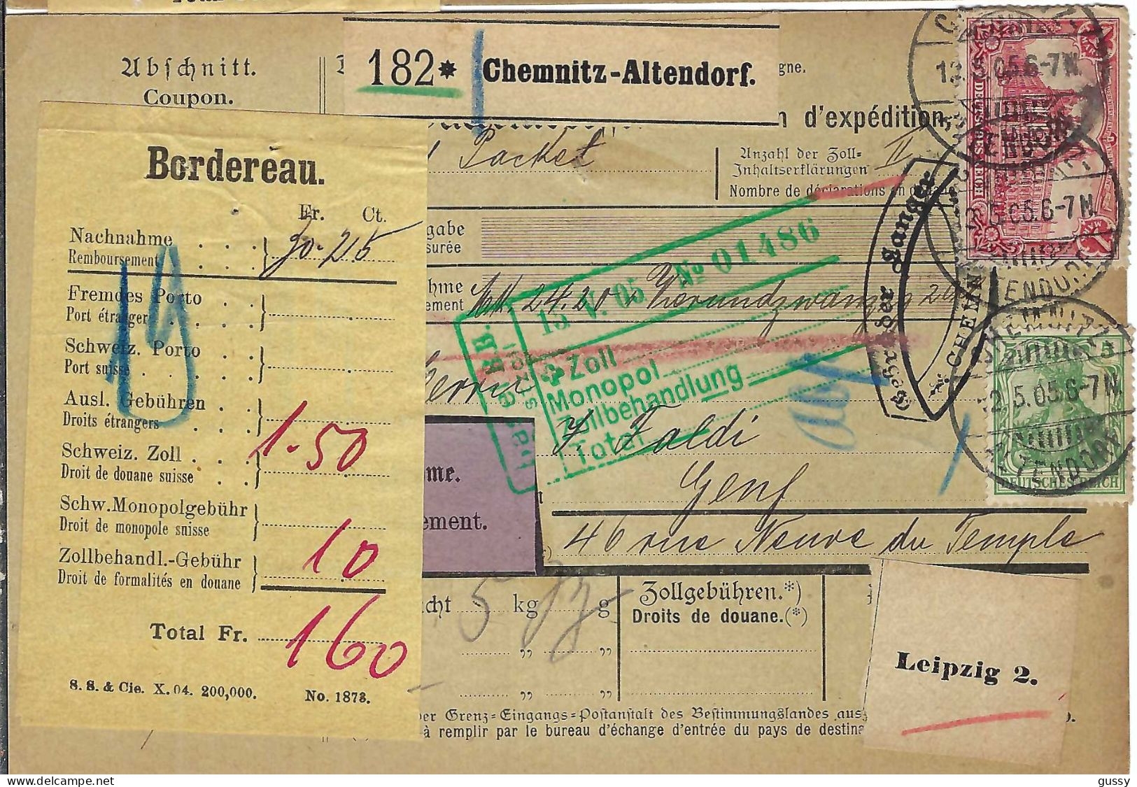 ALLEMAGNE Ca.1905: Bulletin D'Expédition CR De Chemnitz-Alterdorf Pour Genève (Suisse) - Briefe U. Dokumente