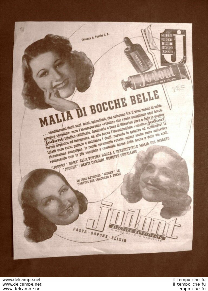 Pubblicità Del 1945 Dentifricio Jodont Malia Di Bocche Belle Chiozza & Turchi SA - Andere & Zonder Classificatie