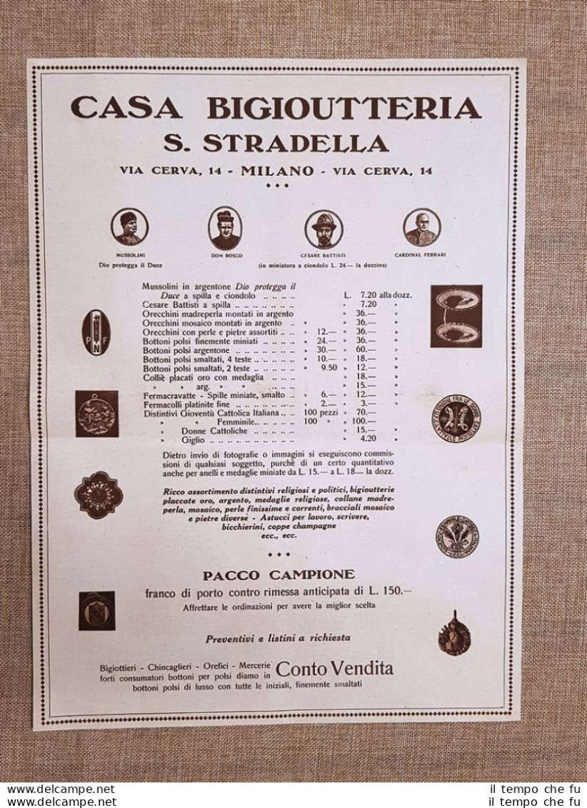 Casa Bigioutteria S. Stradella Milano Pubblicità Del 1925 Mussolini Battisti - Otros & Sin Clasificación