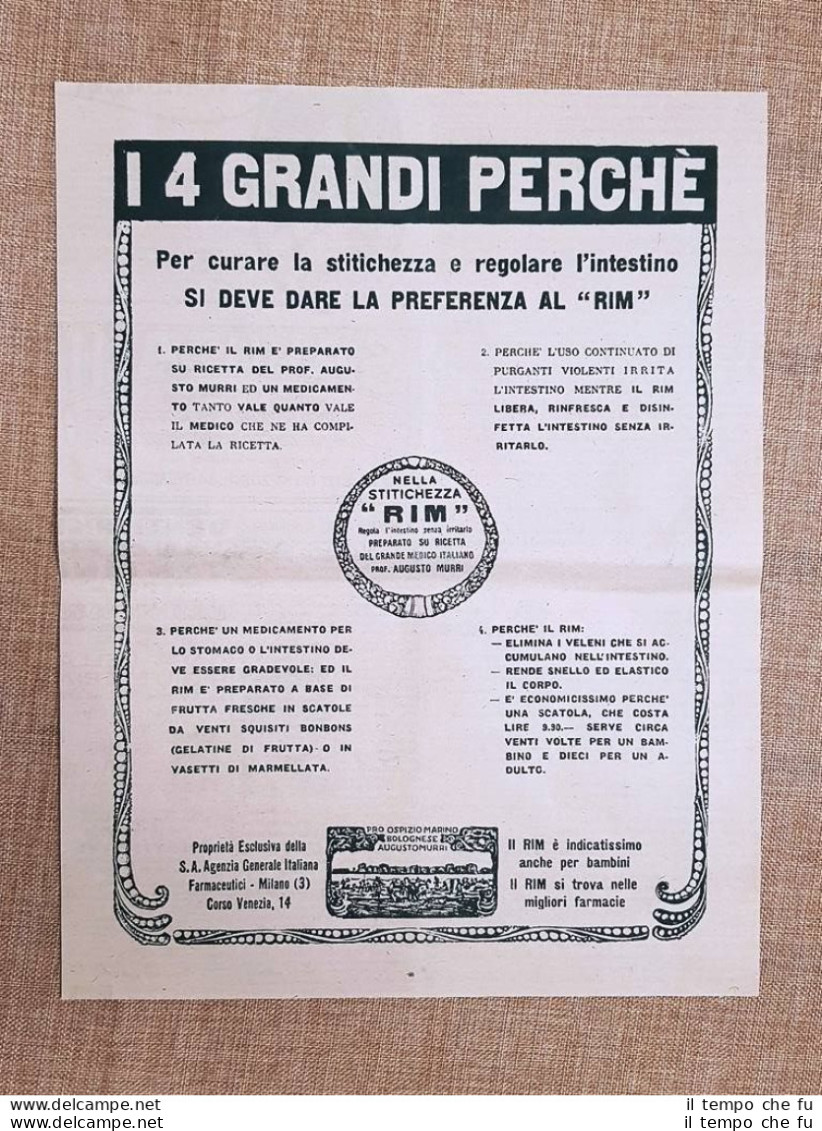 RIM Del Professor Murri Per Curare La Stitichezza Pubblicità Del 1925 - Andere & Zonder Classificatie