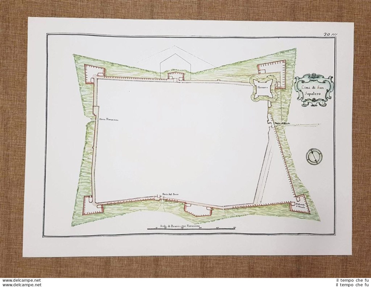 Pianta Città E Fortezza Medicea Di San Sepolcro Toscana Nel 700 Litografia (2) - Cartes Géographiques