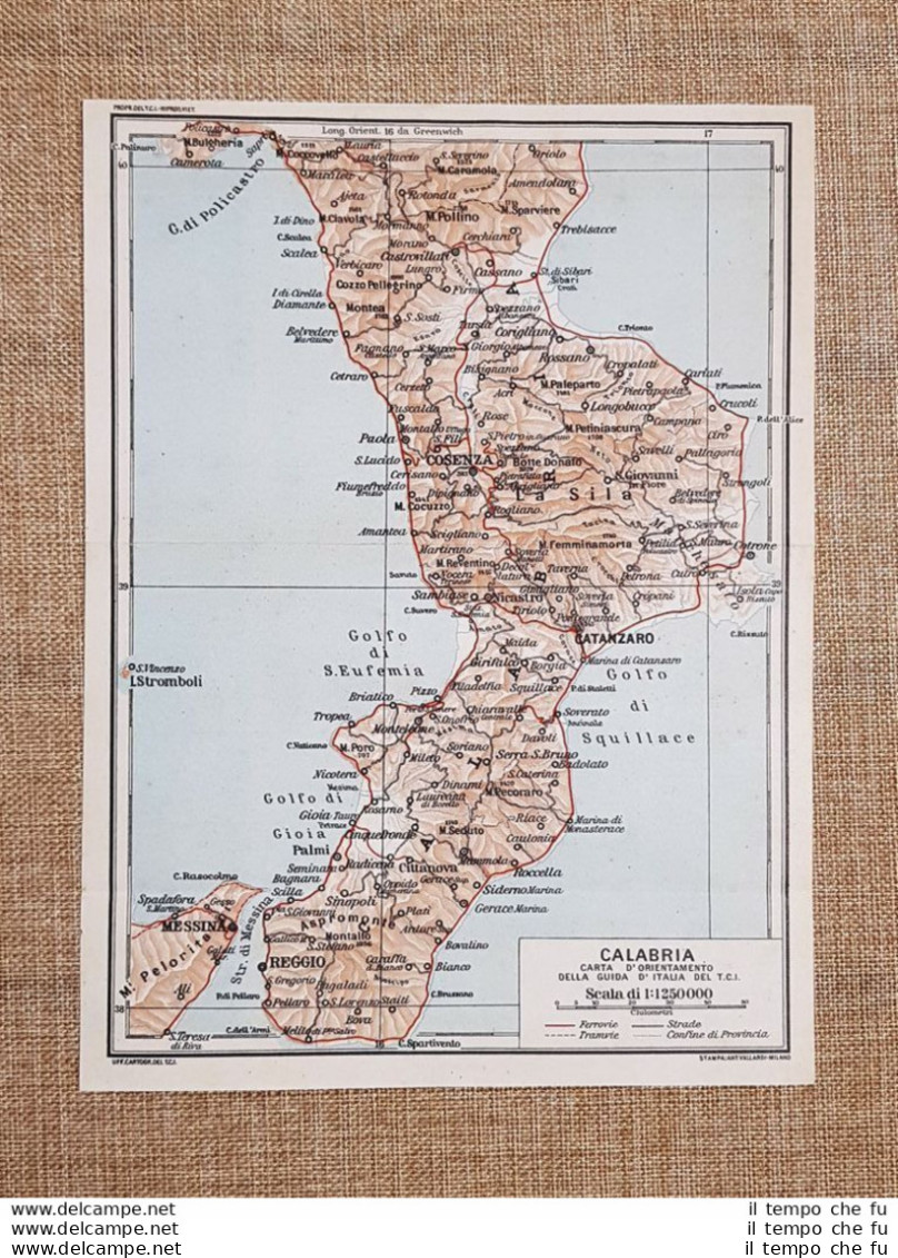 Carta O Cartina Del 1928 Calabria Sicilia Stretto Di Messina Squillace T.C.I. - Geographische Kaarten