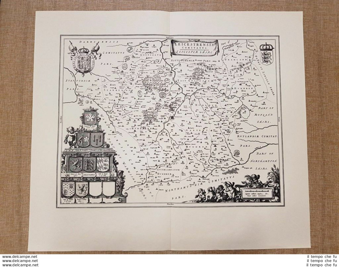 Carta Geografica O Mappa Leicester Shire U.K. Anno 1645 Joan Blaeu Ristampa - Landkarten