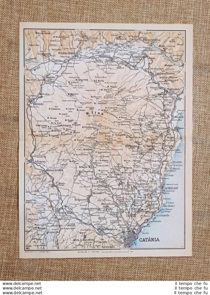 Carta O Cartina Del 1953 Catania Vulcano Etna Misterbianco Adrano Sicilia T.C.I. - Geographical Maps