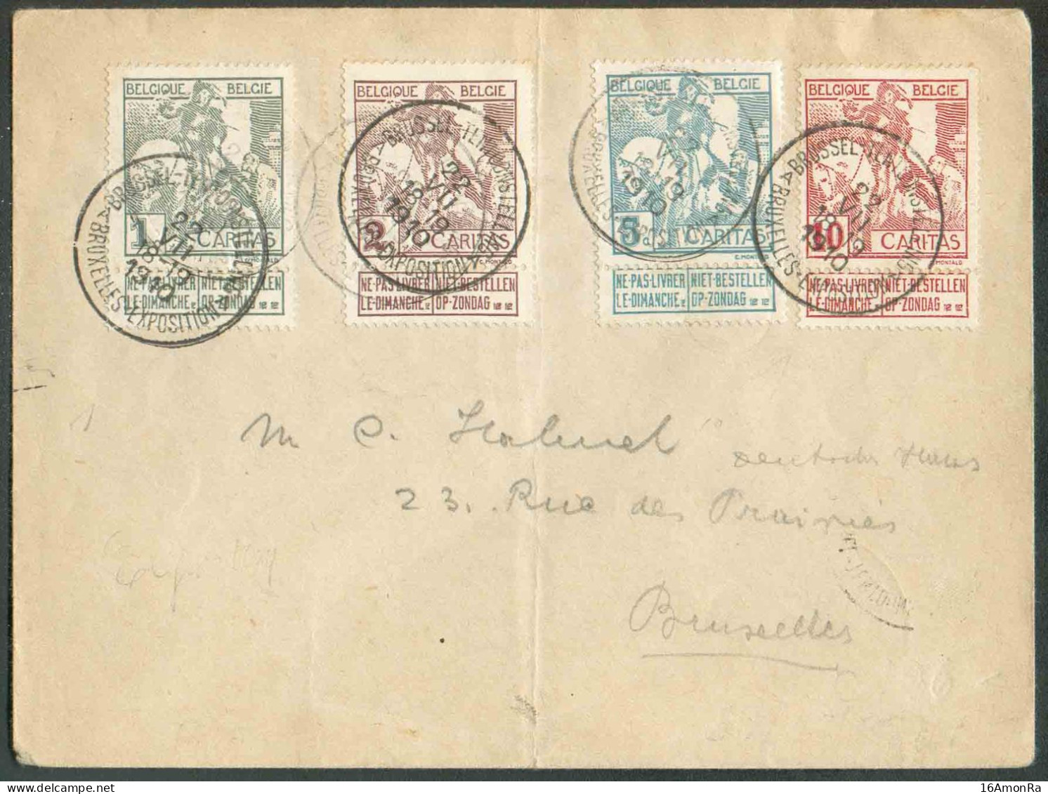 N°84/87 - Série CARITAS 1911 MONTALD Obl. Sc BRUXELLES-EXPOSITION/A S/L. Du 22-VII-1910 Vers La Ville. Verso : Annulatio - 1910-1911 Caritas