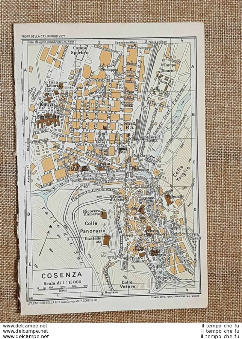 Pianta O Piantina Del 1937 La Città Di Cosenza Calabria T.C.I. - Geographical Maps